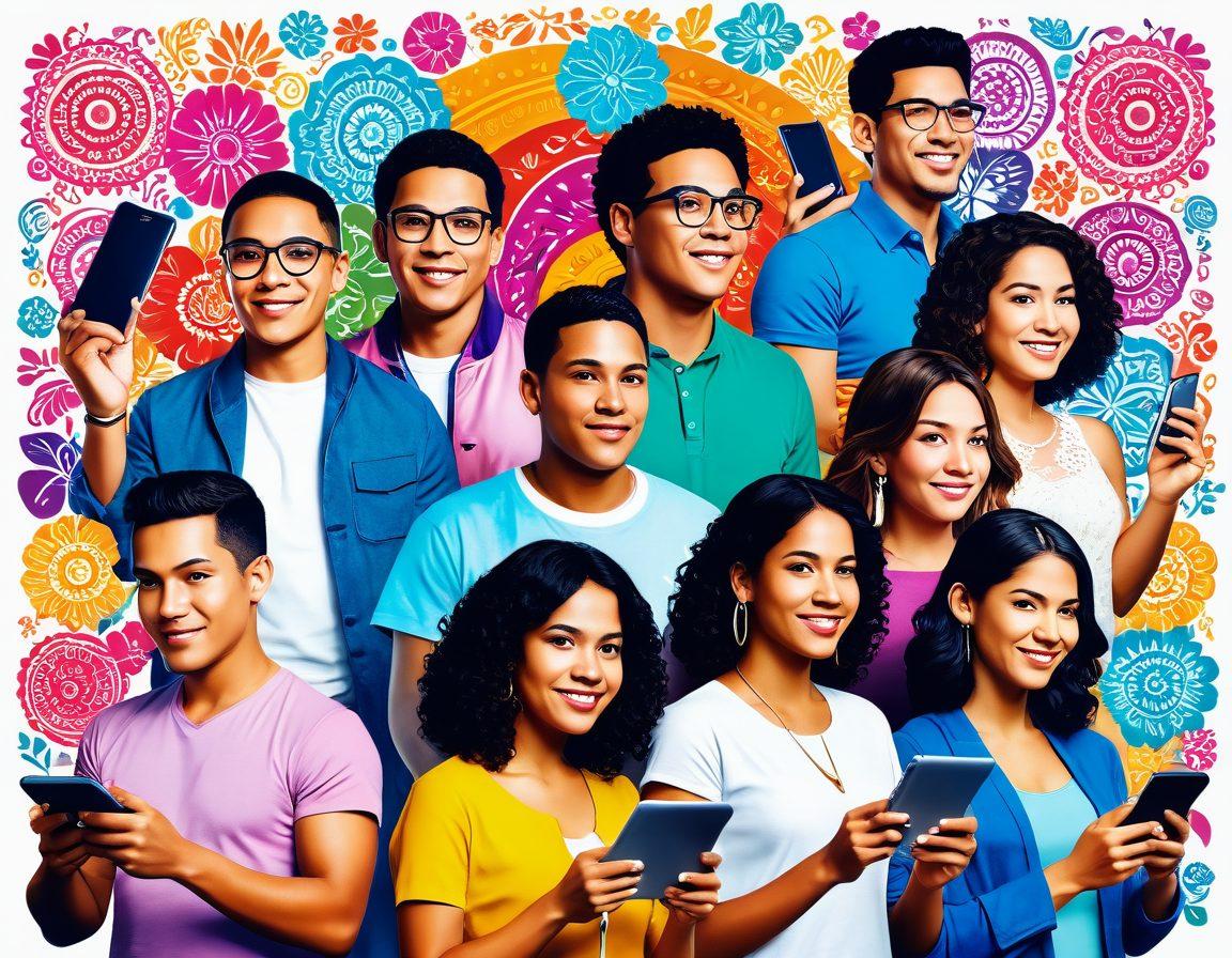 A vibrant and colorful scene depicting a diverse group of Latino individuals engaging with various subscription media services on their devices, surrounded by icons representing streaming platforms, music services, and digital magazines. The background should be filled with cultural elements like traditional decorations and modern technology, showcasing the blend of tradition and innovation in media consumption. super-realistic. vibrant colors. white background.