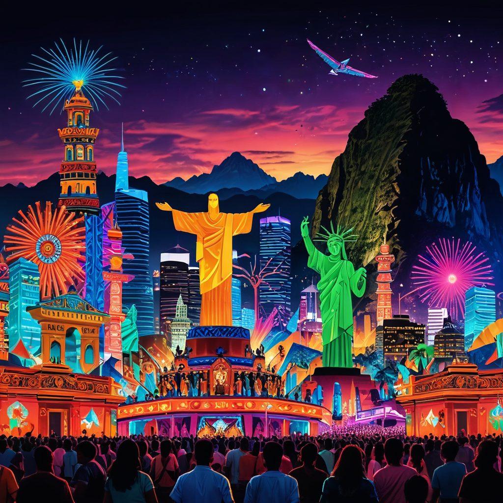 A vibrant digital collage showcasing various premium Latin American entertainment elements, including streaming service icons, traditional dance, colorful festivals, and iconic landmarks. The background features a pulsating, futuristic city skyline bathed in neon lights, symbolizing the digital revolution. Infuse scenes of diverse audiences enjoying content on screens, with cultural motifs like papel picado and piñatas surrounding them. super-realistic. vibrant colors. 3D.