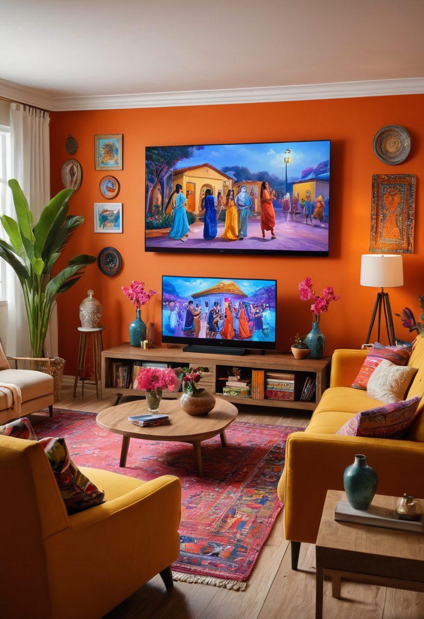A dynamic scene showcasing a diverse group of Hispanic audiences engaging with various streaming platforms on multiple devices, highlighting a vibrant living room filled with energy. Include elements like a big screen displaying a live event, smartphones showing videos on demand, and cultural decorations reflecting Hispanic heritage. The atmosphere should feel lively and connected, celebrating community and the future of entertainment in colorful graphics. super-realistic. vibrant colors. modern setting.